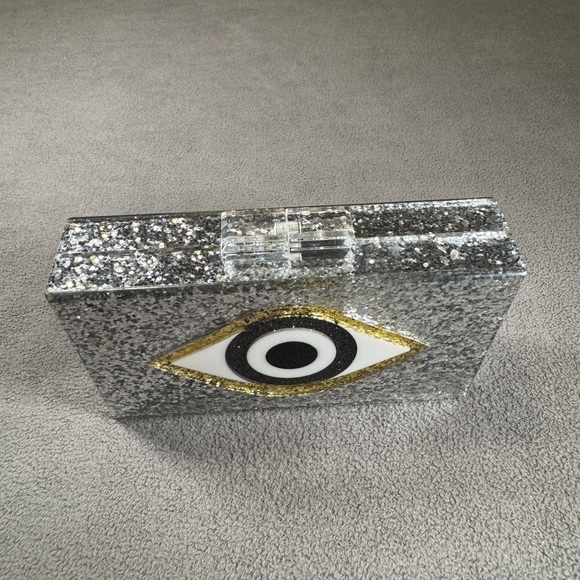 Silver Glitter Evil Eye Clutch with Strap - Picture 8 of 12